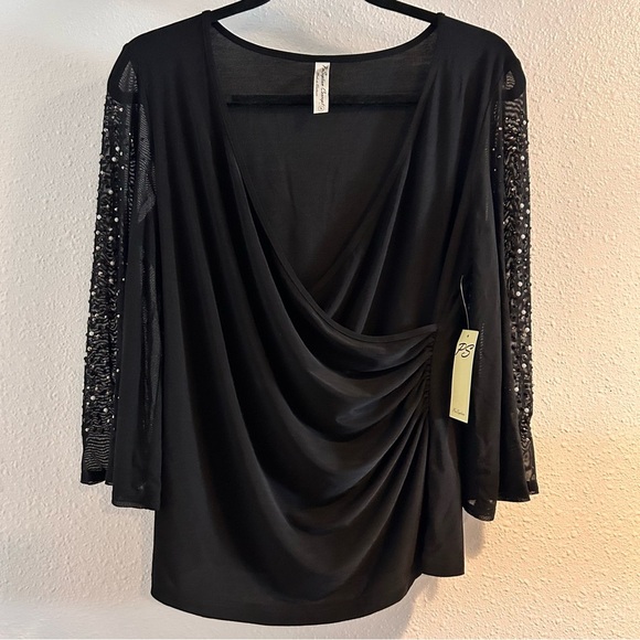 PerSeption Concept Black Drape Top with Sequin Sleeves Size Small - Picture 1 of 6